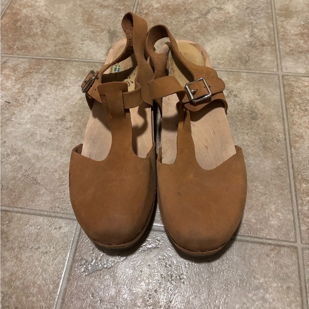 Brown Leather Slingback Clog Heels
